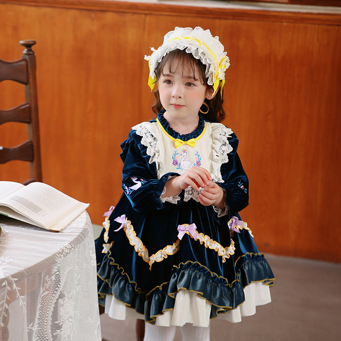 Renaissance Royal Blue Long Sleeves Velvet with Embroidery Girls Lolita Dress