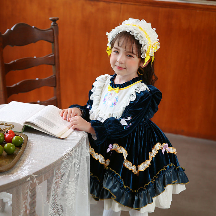 Renaissance Royal Blue Long Sleeves Velvet with Embroidery Girls Lolita Dress