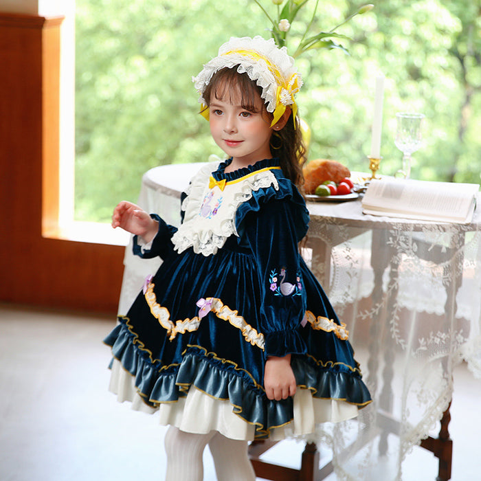 Renaissance Royal Blue Long Sleeves Velvet with Embroidery Girls Lolita Dress