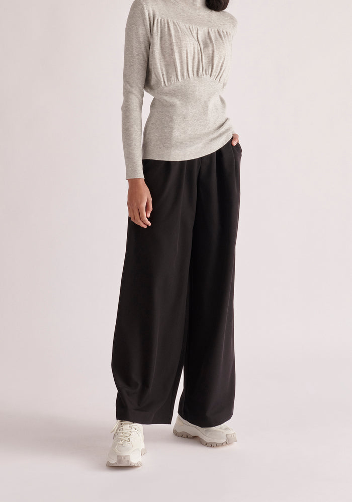 Paisie Ruched High Neck Knitted Top in Light Grey