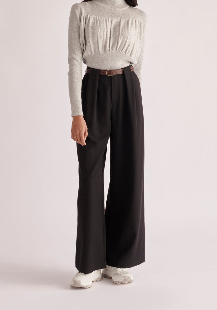 Paisie Ruched High Neck Knitted Top in Light Grey