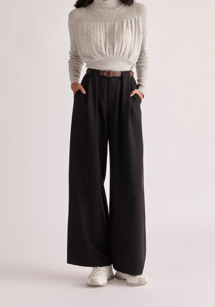 Paisie Ruched High Neck Knitted Top in Light Grey