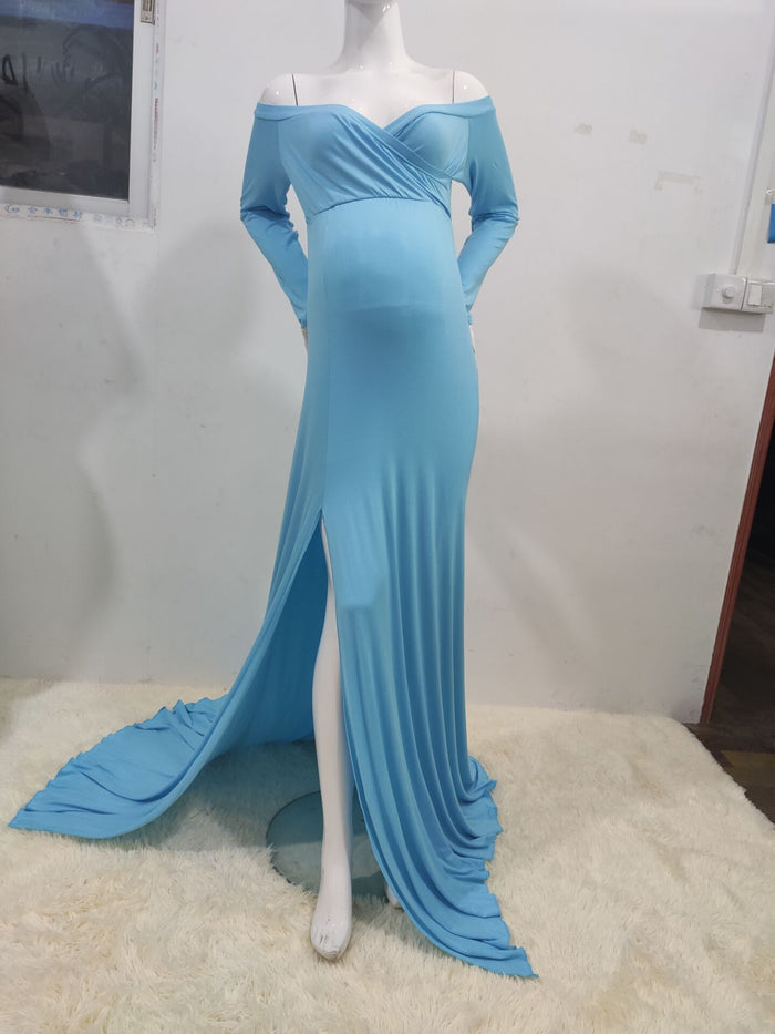 Satin Maternity Photography Dresses Off the Shoulder Side Split Elegant