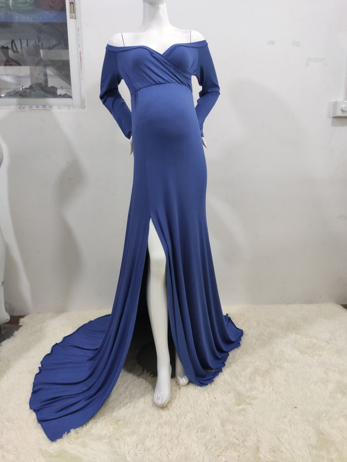 Satin Maternity Photography Dresses Off the Shoulder Side Split Elegant