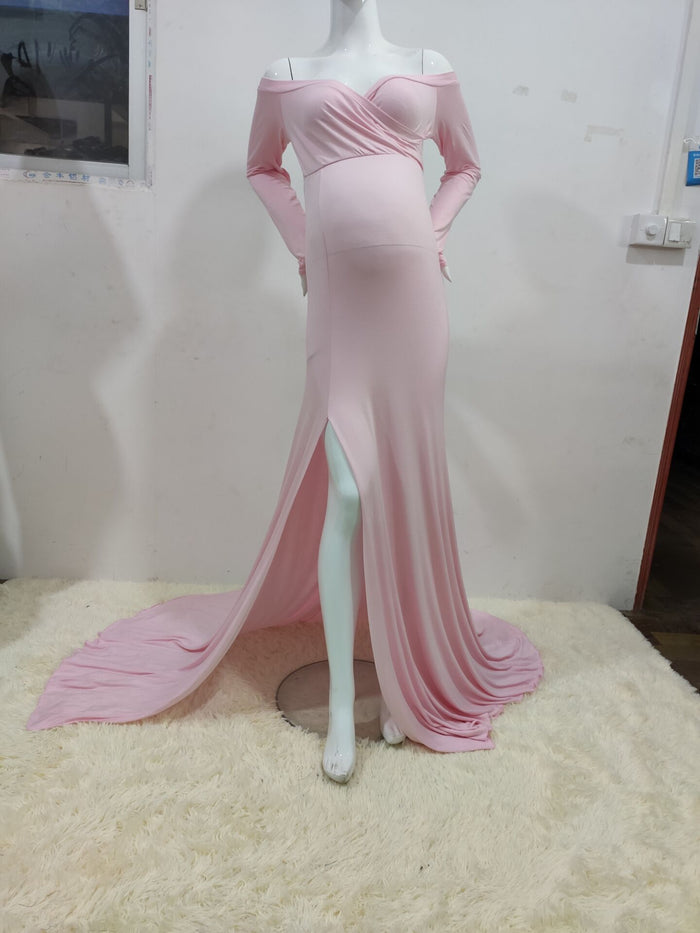 Satin Maternity Photography Dresses Off the Shoulder Side Split Elegant