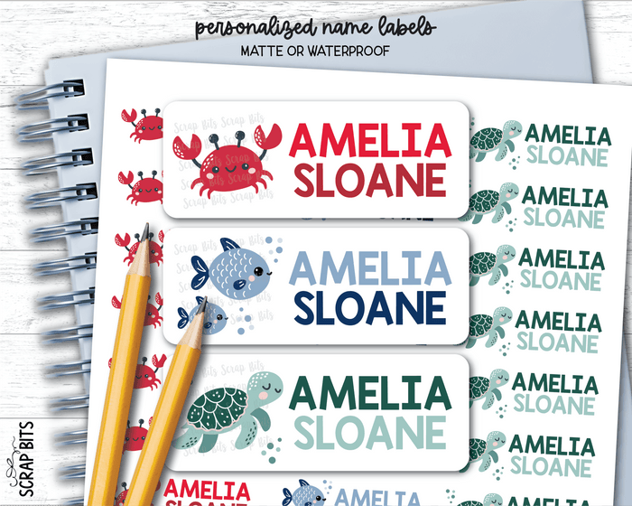 Sea Animals Name Labels, Crab, Turtle, Fish . Personalized Belonging Labels - Scrap Bits