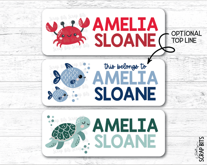 Sea Animals Name Labels, Crab, Turtle, Fish . Personalized Belonging Labels - Scrap Bits