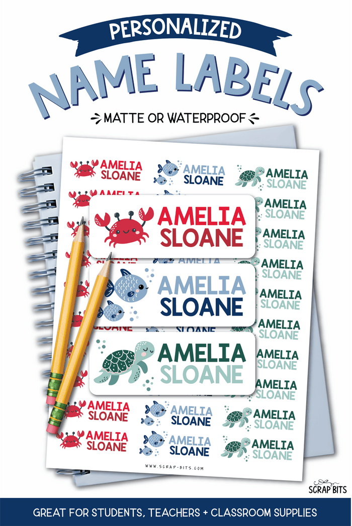 Sea Animals Name Labels, Crab, Turtle, Fish . Personalized Belonging Labels - Scrap Bits