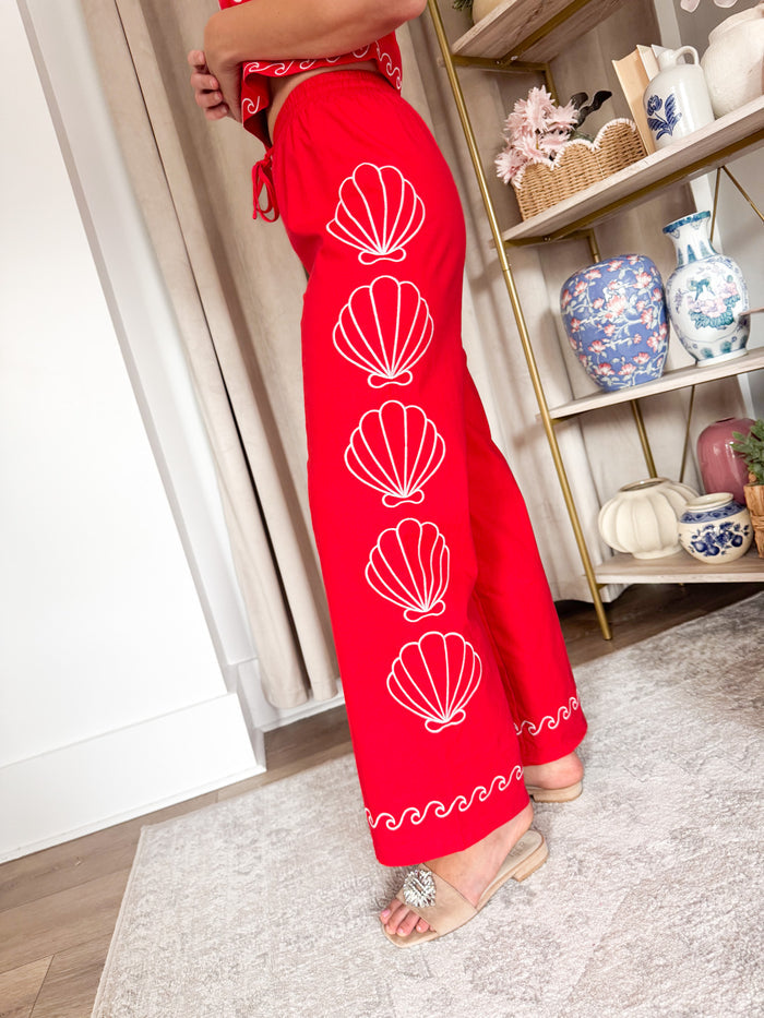 Sea Shell Embroidered Drawstring Pants