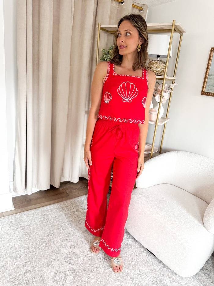Sea Shell Embroidered Drawstring Pants