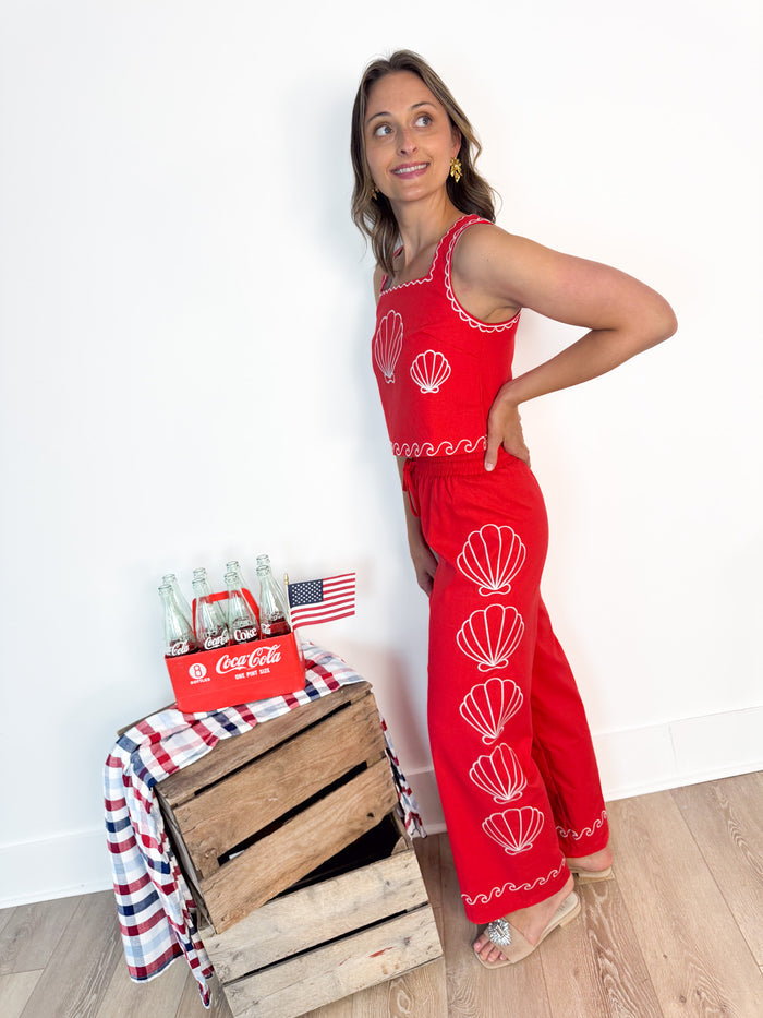 Sea Shell Embroidered Drawstring Pants