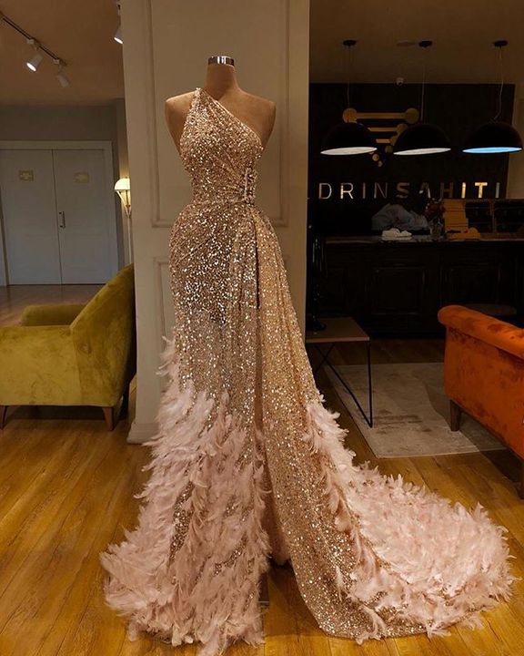 Sequin Prom Dress 2023 One-shoulder with Feathers Split Sleeveless