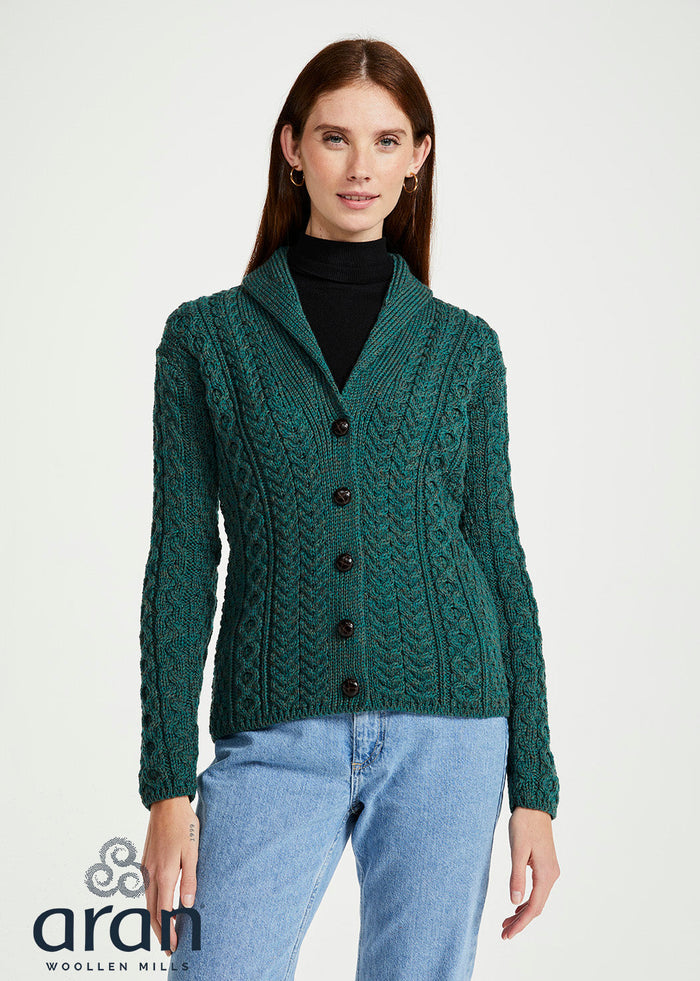 Shawl Collar Aran Cardigan | Connemara Green