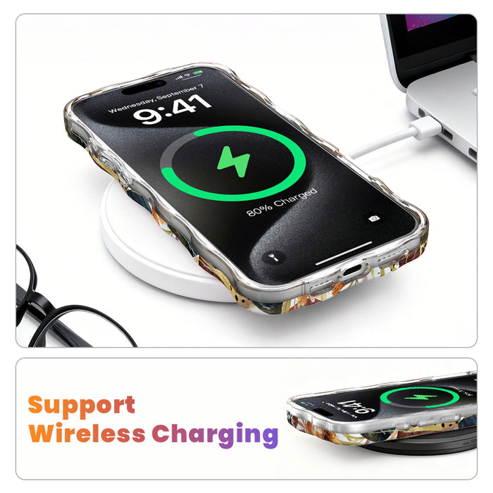 Wireless charging graphic showing an iPhone in the Sienna Petals rust floral MagSafe case charging on a wireless pad.