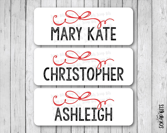 Signature Red Doodle Bow Name Labels, Personalized Gift Stickers - Scrap Bits