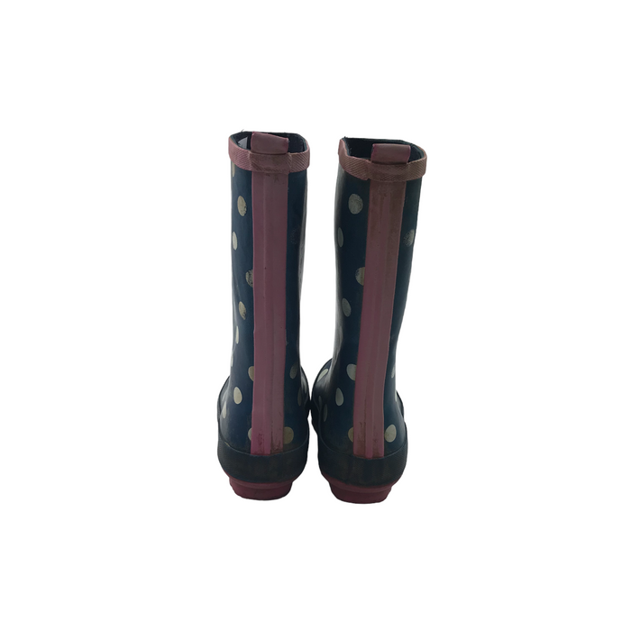 Size UK 11 (jr) navy blue polka dot wellie boots