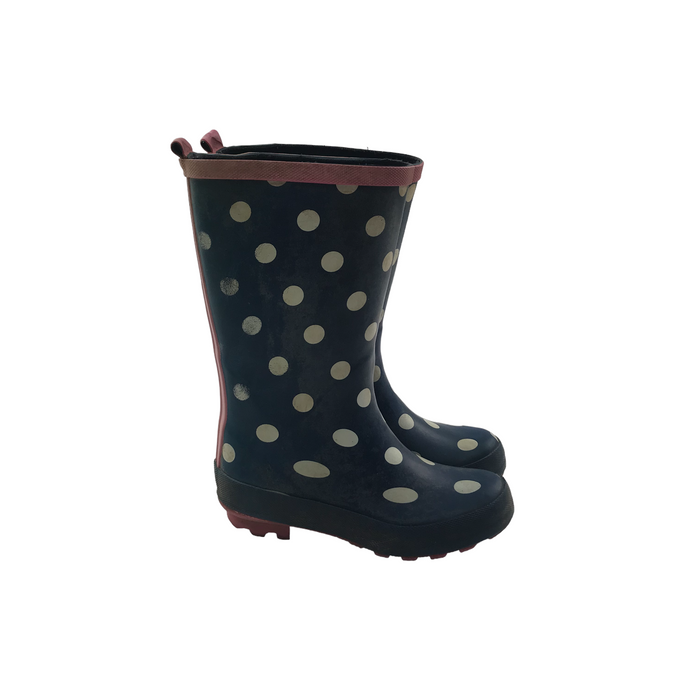Size UK 11 (jr) navy blue polka dot wellie boots