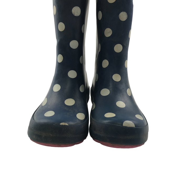 Size UK 11 (jr) navy blue polka dot wellie boots