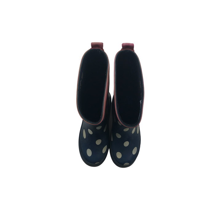 Size UK 11 (jr) navy blue polka dot wellie boots