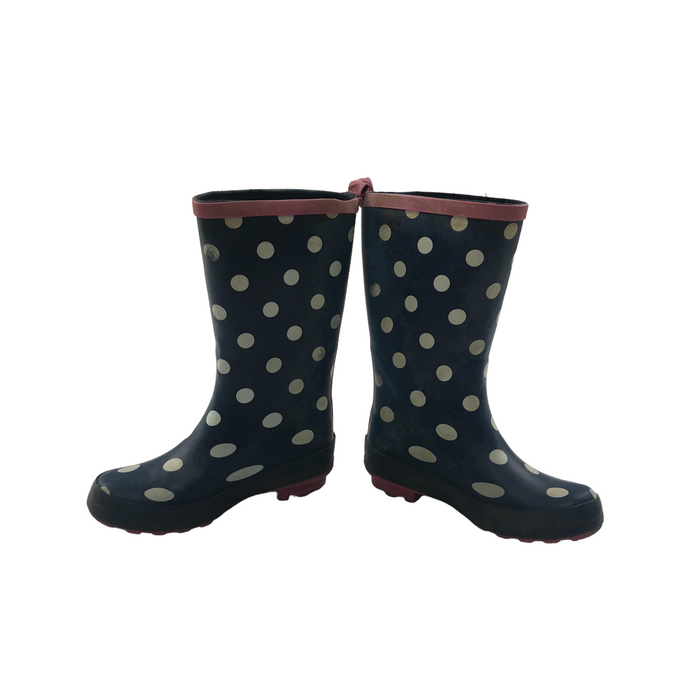 Size UK 11 (jr) navy blue polka dot wellie boots