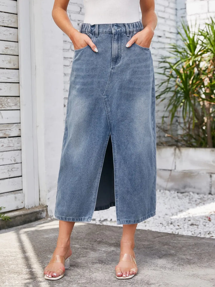 Slit Denim Midi Skirt with Pockets