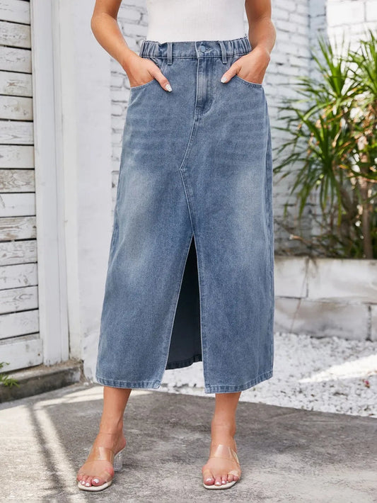 Slit Denim Midi Skirt with Pockets