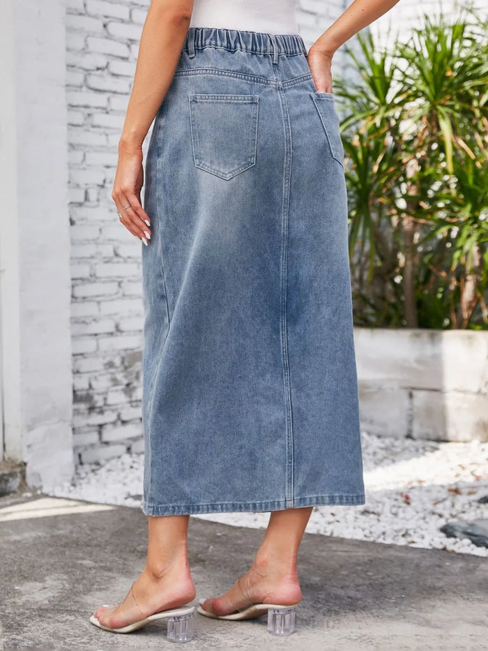 Slit Denim Midi Skirt with Pockets