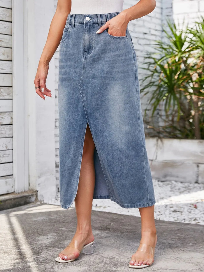 Slit Denim Midi Skirt with Pockets
