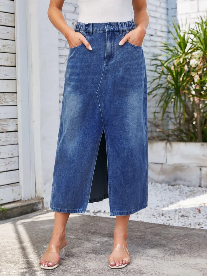 Slit Denim Midi Skirt with Pockets