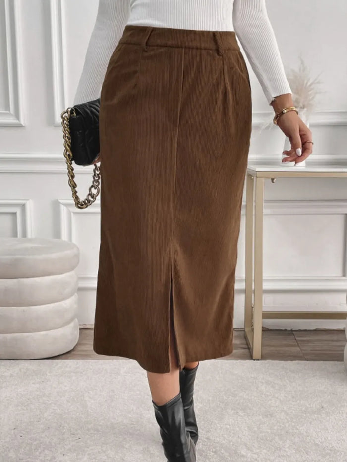 Slit Midi Skirt with Pockets - Brown