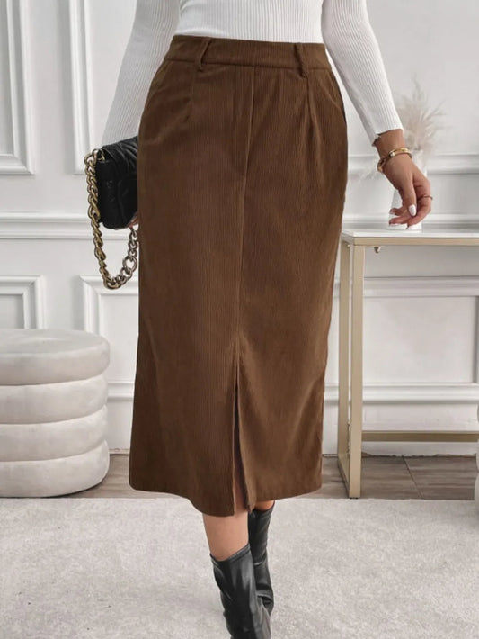 Slit Midi Skirt with Pockets - Brown