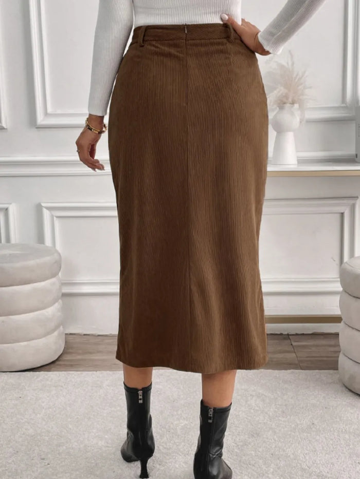 Slit Midi Skirt with Pockets - Brown