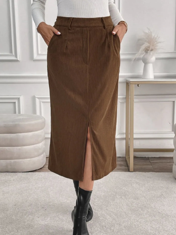 Slit Midi Skirt with Pockets - Brown