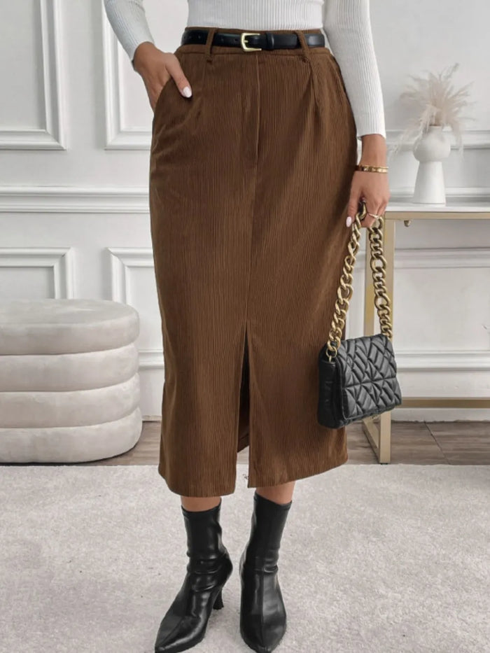 Slit Midi Skirt with Pockets - Brown