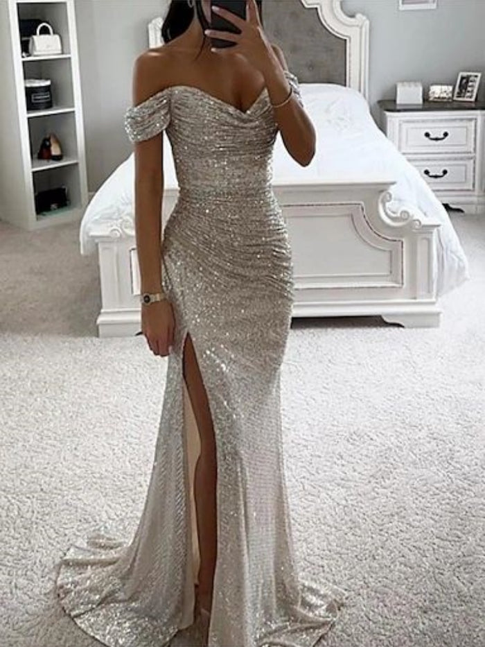 Sliver Prom Dress 2024 Off the Shoulder Sequin with Slit