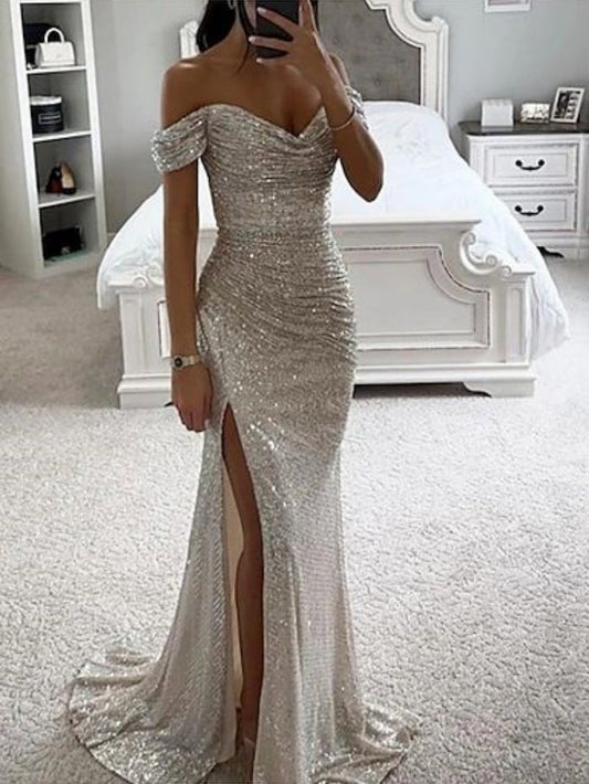 Sliver Prom Dress 2024 Off the Shoulder Sequin with Slit