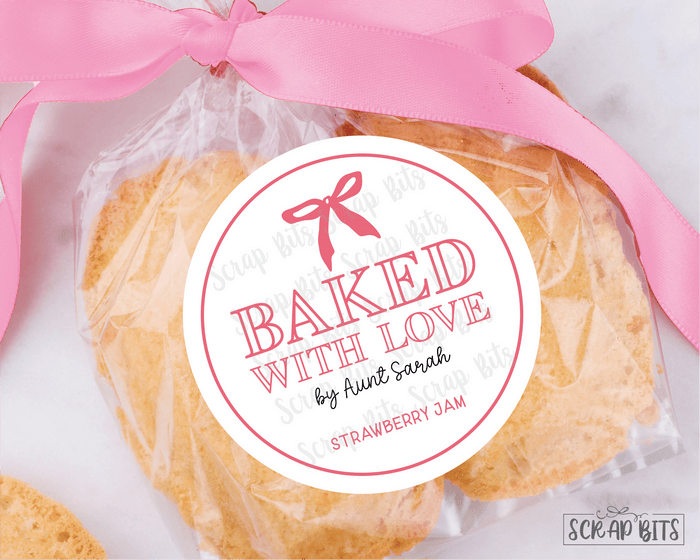 Small Bow Baked With Love Stickers . Personalized Baking Labels - Scrap Bits