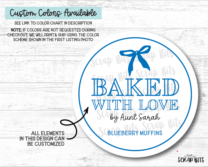 Small Bow Baked With Love Stickers . Personalized Baking Labels - Scrap Bits