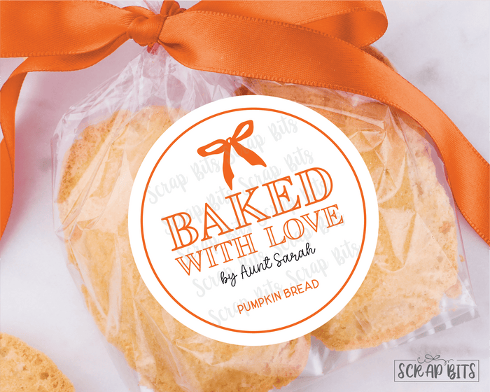 Small Bow Baked With Love Stickers . Personalized Baking Labels - Scrap Bits