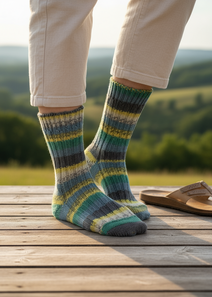 Soft Merino Wool Fair Isle Socks  | Grey Green Blue Yellow