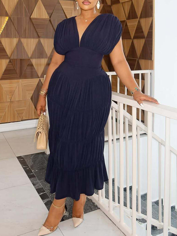 Solid V-Neck Ruched Dress