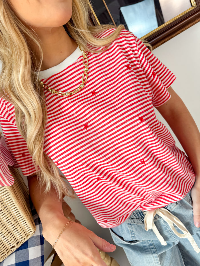 Star Detail Red Striped Short Sleeve Tee