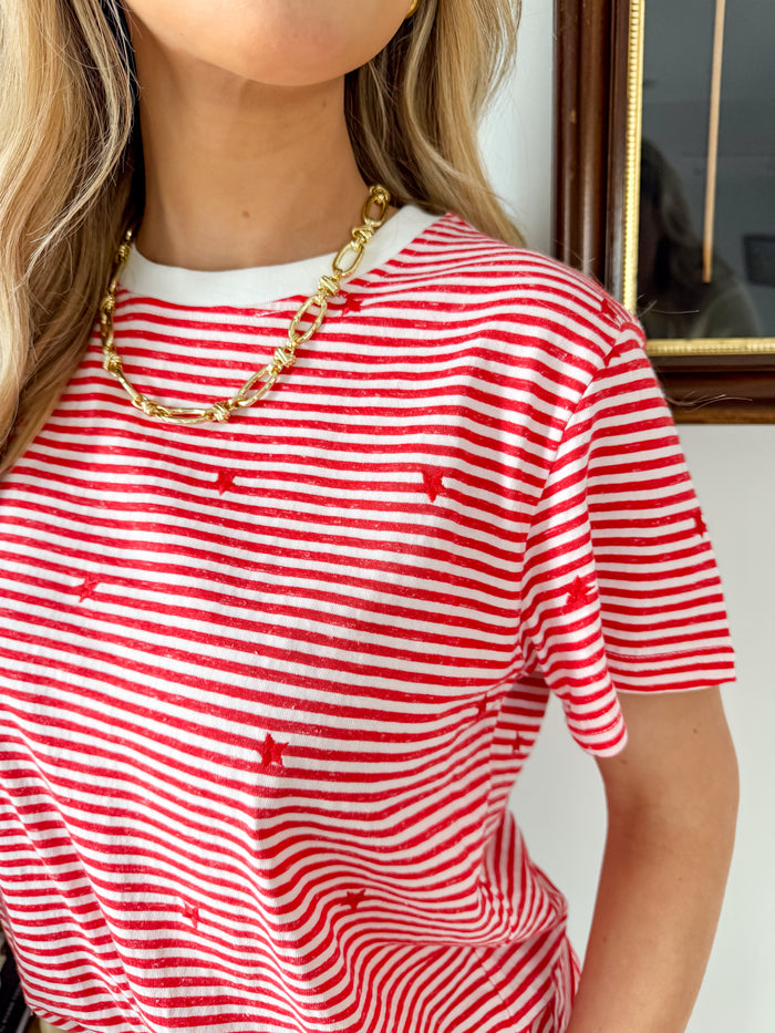 Star Detail Red Striped Short Sleeve Tee
