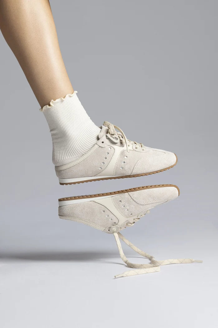 Stella Mule In Mushroom Grey Suede and Ivory Leather Sneaker Larroudé