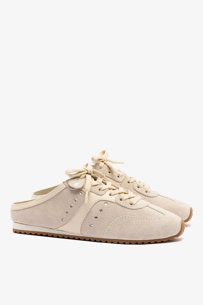 Stella Mule In Mushroom Grey Suede and Ivory Leather Sneaker Larroudé