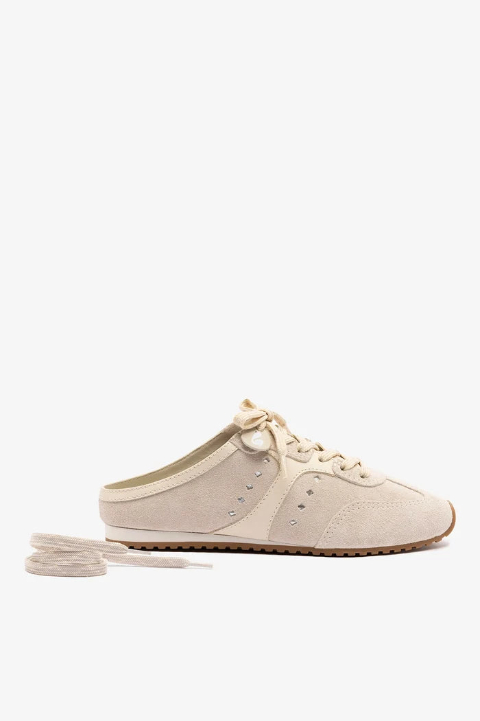 Stella Mule In Mushroom Grey Suede and Ivory Leather Sneaker Larroudé