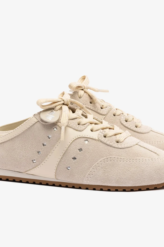 Stella Mule In Mushroom Grey Suede and Ivory Leather Sneaker Larroudé