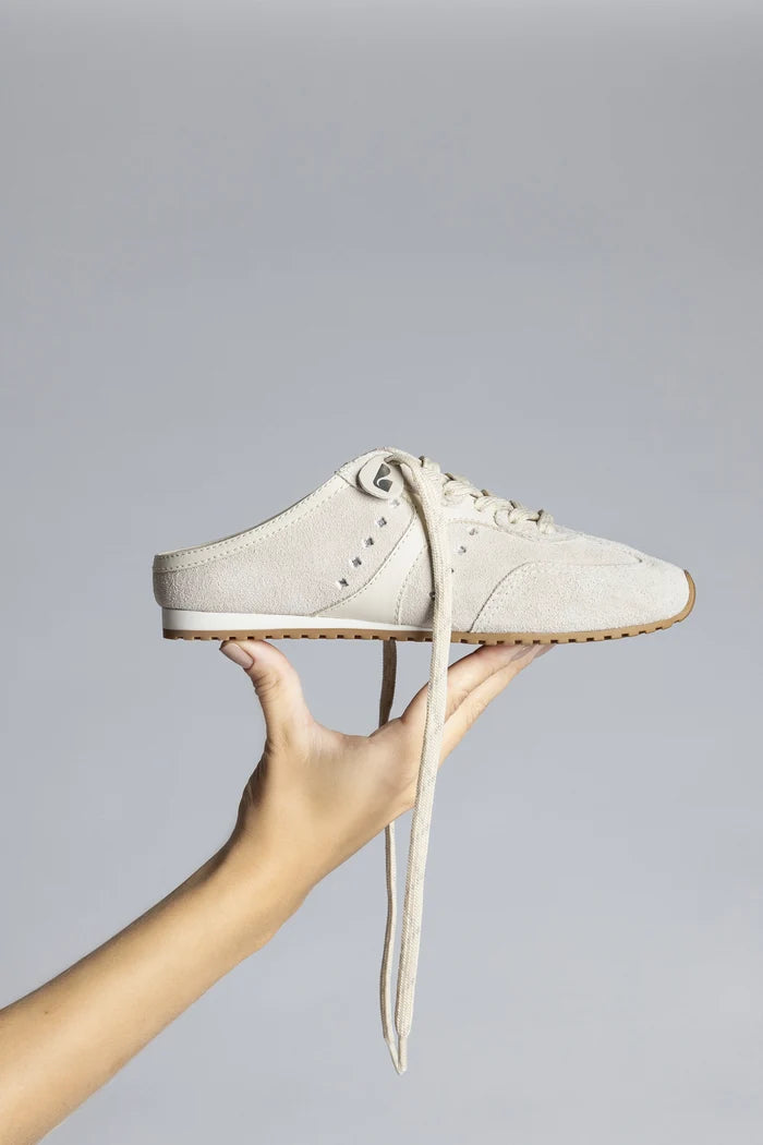 Stella Mule In Mushroom Grey Suede and Ivory Leather Sneaker Larroudé