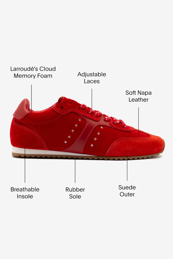 Stella Sneaker In Scarlet Suede and Blood Red Leather Sneaker Larroudé