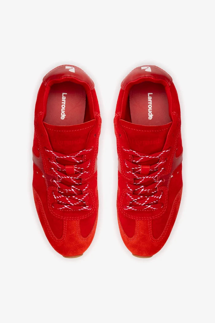 Stella Sneaker In Scarlet Suede and Blood Red Leather Sneaker Larroudé